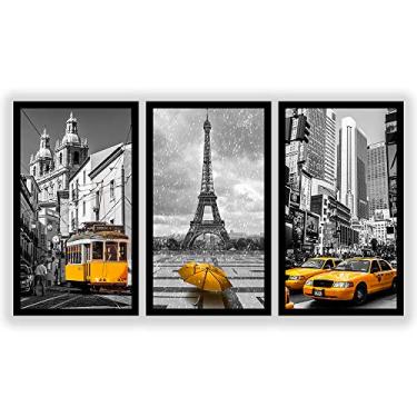 Imagem de Kit 3 Quadros Decorativos Grandes COM MOLDURA Cidades do Mundo Amarelo