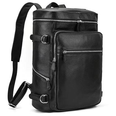 Imagem de EEASSA Mala de viagem masculina de couro genuíno mochila moda grande capacidade feminina couro de vaca mochila 35,5 cm bolsa escolar natural escritório mochila mala de viagem, 8026 Preto