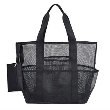 Imagem de Bolsa de praia de malha com bolsa pequena para moedas, bolsas de praia grandes para segurar brinquedos cosméticos toalhas areia, Preto
