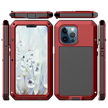 Imagem de Capa resistente para iPhone 13 Pro Max, proteção total à prova de choque, capa de metal à prova de 360, capa de liga de alumínio com silicone integrado e protetor de tela de vidro temperado (vermelha)