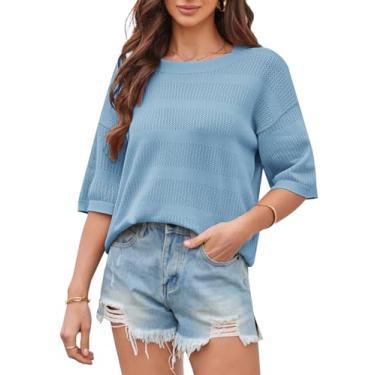 Imagem de GRACE KARIN Camiseta feminina de verão, grande, vazada, gola redonda, listrada, manga curta, casual, básica, Azul, XXG