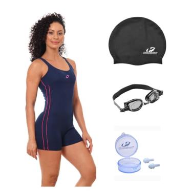 Imagem de Kit Macaquinho Helanca Natação com Óculos Uv Touca E Protetor (Marinho/Pink - Óculos Preto, P)