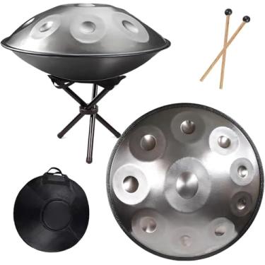 Imagem de Tambor de mão de 22 polegadas, D menor 9/10/12 notas Tambores de mão de aço com bolsa de tambor de mão, 2 marretas, suporte de tambor de mão, 432 Hz/440 Hz Handpan percussão, prata - 10 nota