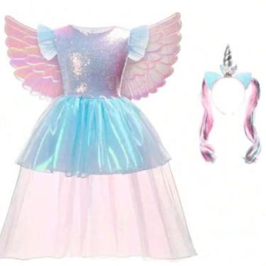 Imagem de Vestido Fantasia luxo Unicornio Infantil Com Asas tiara E Acessórios (GG (140cm))