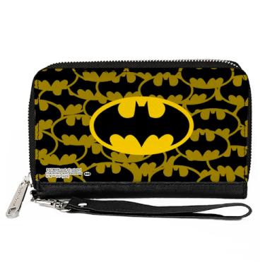 Imagem de Carteira DC Comics, zíper ao redor, sinal de morcego Batman empilhado e centralizado amarelo preto, couro vegano, Amarelo, 7.5"x4.5", Casual