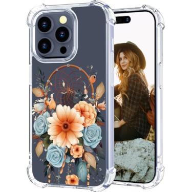 Imagem de Hungo Capa feminina para iPhone 15 Pro, design transparente, fofa, feminina, com design estético, compatível com iPhone 15 Pro, apanhador de sonhos, flores