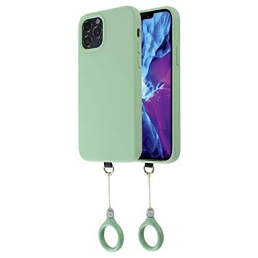 Imagem de CHEAP SUNDAY Capa protetora de corpo inteiro de borracha de silicone líquida macia com suporte de anel de telefone de strass compatível com iPhone 12 e 12 Pro 6,1 polegadas (2020) (verde)