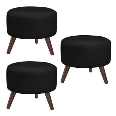 Imagem de Kit 3 Puffs Decorativos Redondo Pés Palito Couro Preto - Gran Belo