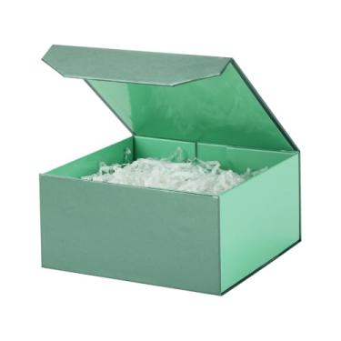 Imagem de 1 caixa magnética verde de 15 x 15 x 7 cm, caixa magnética pequena com papel enrugado, verde, caixa de presente pequena com papel desfiado, caixas de presente luxuosas com tampas para presentes