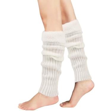 Imagem de Ewanda store Polainas de inverno para mulheres e meninas, meias quentes de malha, de lã, crochê, meias longas para botas de ano novo, meias de Natal, brancas