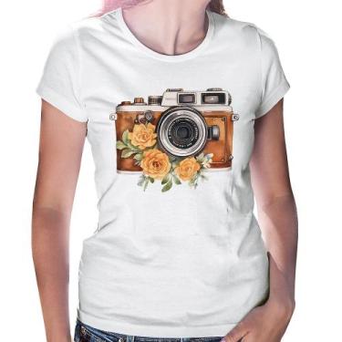 Imagem de Baby Look Máquina Fotográfica Vintage e Flores - Foca na Moda, Branco,