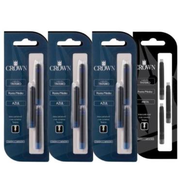 Imagem de Kit 4 Recargas Para Caneta Crown Tinteiro Com 3 Refil Ca32005 Azul Pre