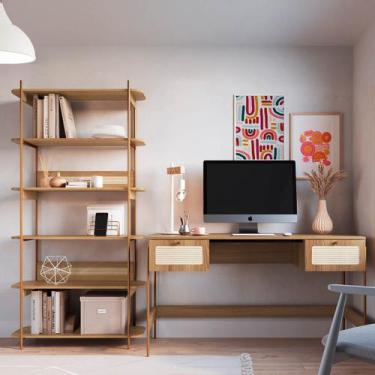 Imagem de Conjunto Escrivaninha e Estante Palhinha Hanover/Dourado - Artesano