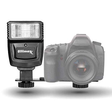 Imagem de Flash de escravo digital Ultimaxx com suporte para câmeras Canon, Nikon, Panasonic, Samsung, Fujifilm, Olympus, Pentax e outras DSLR, inclui suporte de flash de metal Hot Shoe.