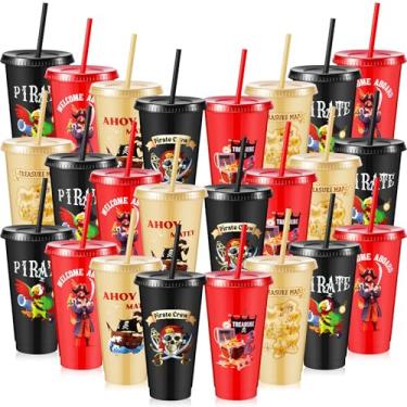 Imagem de Uiifan 24 peças copos de festa pirata a granel 680 g crânio ossos cruzados tesouro copos de plástico com tampas canudos copo reutilizável para lembrancinhas de festa tema pirata suprimentos presentes,