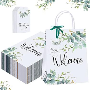 Imagem de 36 sacos de presente de casamento, sacos grandes de boas-vindas de casamento com 36 etiquetas de presente, sacos de lembrancinha de festa, sacos de presente de noiva, sacos de aniagem com alças para convidados, lembrancinhas de festa de chá de bebê de aniversário de casamento, folha de eucalipto,
