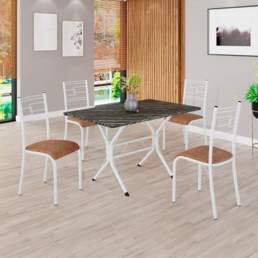 Imagem de Conjunto Sala De Jantar Mesa Retangular 100x60cm Tampo Pedra Ardósia Indiana 4 Cadeiras Paraty C. Marrom - Branco