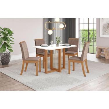 Imagem de Conjunto Mesa Sala Jantar Natalí Com Tampo Madeirado 120x80cm E 4 Cadeiras Isa Nature Off White Suede Marrom Henn