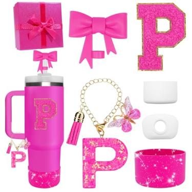 Imagem de Miglaja Acessórios pretos para copos Stanley 850.5 g 1,134.0 g, todos os acessórios caixa de presente contêm topo de palha de flor, bota de silicone, adesivos de letras e pingentes, conjunto de tampa