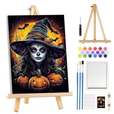 Imagem de MOGTAA Kit de pintura de abóbora de Halloween por números para adultos iniciantes com moldura, kits de pintura gótica para adultos por números em tela com cavalete, kits de pintura a óleo DIY fáceis