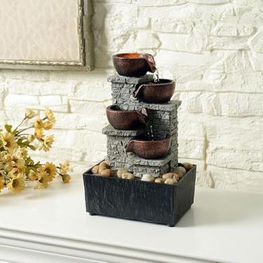 Imagem de Kalona Fonte de cascata de 4 níveis para uso interno, fonte de mesa para relaxamento/meditação, fonte de mesa artística tranquila com iluminação refletiva/decoração de casa/escritório (21132B)