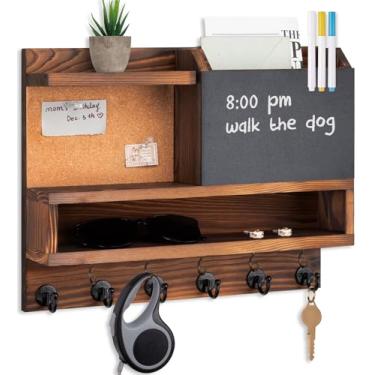 Imagem de FIPUTE Porta-chaves e correio para decoração de parede, correio e organizador de chaves com quadro-negro e cortiça, decoração de casa montado na parede para entrada de quarto (A) (marrom)