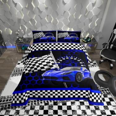 Imagem de Conjunto de cama de carro de corrida azul, para meninos e meninas, crianças, com hexágono, geométrico, hexágono, aconchegante para todas as estações, com 2 fronhas, luzes de néon, colmeia e esportes