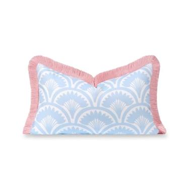 Imagem de Hofdeco Premium Capa de almofada lombar Coastal Grandmillennial Patio para ambientes internos e externos, 30,5 x 50,8 cm, repelente de água para quintal, sofá, piscina, azul bebê, rosa, palmeira
