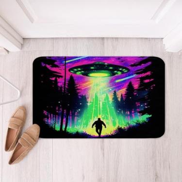 Imagem de Feelyou Tapete de banho de poliéster UFO verde leve macio tapete de porta de lã roxa galáxia antiderrapante tapete de banho mágico para casa de banho tapete interior, 50 x 81 cm