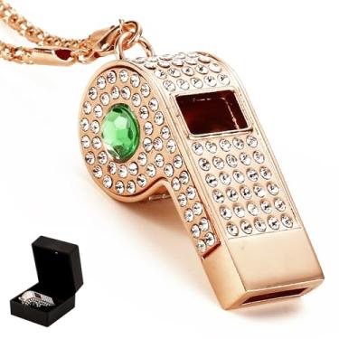 Imagem de Apito dourado de strass, apito de metal brilhante com corrente de presente para árbitros/treinadores/professores/treinamento, caixa de presente premium incluída (cristal verde)
