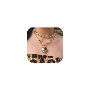Imagem de PINGANBUSU Colar de coração dourado padrão excepcional, colares de coração inchado para mulheres, colares longos em camadas para mulheres, colar de coração infinito, colar gargantilha com pingente de