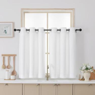 Imagem de Chyhomenyc Cortinas brancas de 91 cm de comprimento, cortinas de janela de cozinha pequenas texturizadas de linho sintético com filtragem leve sobre a pia, cortina curta de café com ilhós grossos para