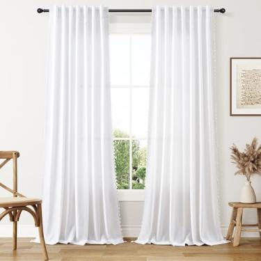 Imagem de Cortinas Boho extralongas de 262 cm de comprimento, bolso de haste branco e aba traseira filtrada e respirável semitransparente, cortina boêmia de borla para sala de estar, 132 x 278, 2 painéis