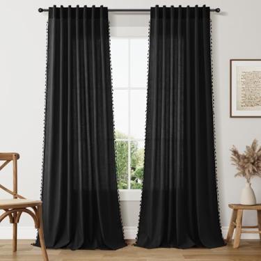 Imagem de Cortinas Boho extralongas de 272 cm de comprimento, bolso para varão preto e aba traseira filtrada e respirável semitransparente, cortina boêmia de borla para sala de estar, 132 x 278, 2 painéis