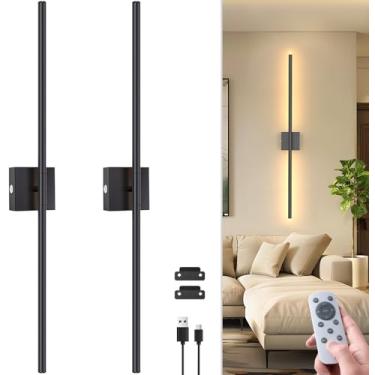 Imagem de NIORSUN Conjunto de 2 arandelas de parede operadas por bateria de 35 polegadas, rotação de 360°, luzes de parede pretas recarregáveis com tubo removível e controle remoto, lâmpada de parede sem fio
