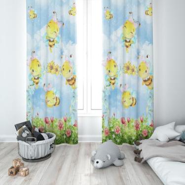 Imagem de Cortina Tecido Oxford Quarto Infantil Abelinhas Felizes Aquarela - 140