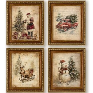 Imagem de Foritho Conjunto de 4 impressões de arte de parede vintage de Natal 20 x 25 cm, decoração de Natal de fazenda, caminhão vermelho retrô, Natal, Papai Noel, inverno, decoração de parede, pôsteres para