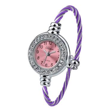 Imagem de Blekon Collections Relógio feminino de pulso com mostrador analógico redondo com números árabes, 23 mm, pulseira de arame, relógio feminino elegante, Strass prata/roxo, Casual, clássico, elegante,