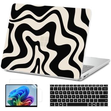 Imagem de AKIT Compatível com Microsoft Surface Laptop 13 polegadas 2025, capa rígida de padrão exclusivo para laptop + protetor de tela + capa de teclado, onda preta