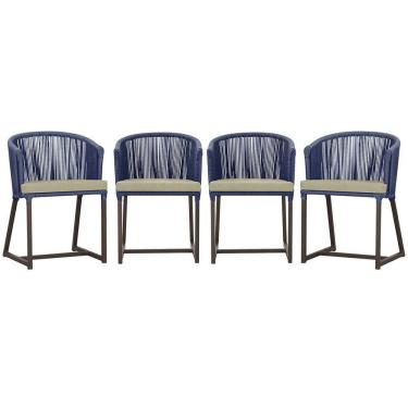 Imagem de 4 Cadeiras De Jantar Noronha Marrom Corda Náutica E7 Trama Azul