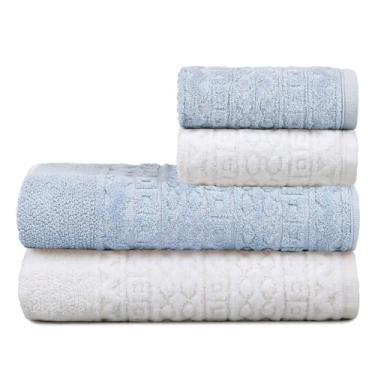 Imagem de Toalha de Banho Gigante, Jogo/Kit 4 Toalhas (2 Banho + 2 Rosto) Macia Algodão Luxo Barra Aveludada Alta Absorção(Off White + Céu de Inverno)