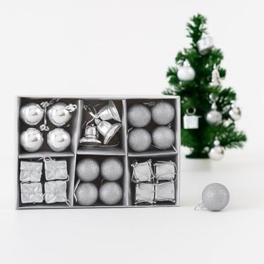 Imagem de Kit Enfeites Natalinos Peças para Árvore e Guirlanda Bolas Estrela Ponteira Sinos Presentes Tambores Cores Vermelho Dourado Prata (24, 3cm Prateado)