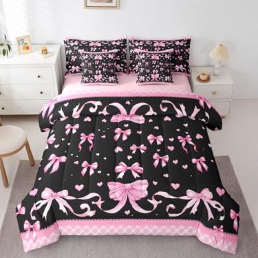 Imagem de Feelyou Conjunto de edredom com laço rosa, tamanho casal, 7 peças, princesa, sonhadora, para crianças, meninos, meninas, cama de laço fofo em uma bolsa com edredom, lençóis, fronhas, capas de almofada