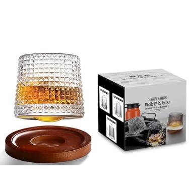 Imagem de 1 conjunto de copos de uísque rotativos à moda antiga com porta-copos criativos de nogueira, presentes de uísque para homens, dia dos pais, copos de vidro de bourbon para coquetéis (estilo diamante)