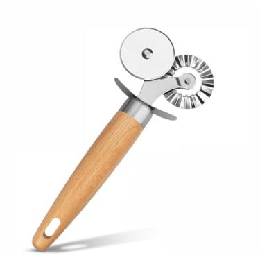 Imagem de Cortador de massa de roda dupla com cabo de madeira – Ferramenta de corte de ravioli canelado/pizza/biscoito para massas caseiras e pastelaria