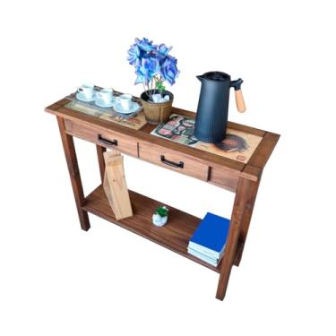 Imagem de Aparador Retrô em Madeira Pinus Estilo Vintage Cor Imbuia 100x33x85 cm com 2 Gavetas e Prateleira Acabamento Encerado (Cerâmica)