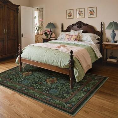 Imagem de Bavni Tapetes de área para sala de estar, microfibra lavável à máquina tapete floral vintage antiderrapante, tapete leve de pelo baixo para quarto, sala de jantar, escritório em casa, verde escuro