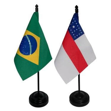 Imagem de Kit Bandeira de Mesa Brasil e Amazonas, 26cm Altura, 18x11cm, Multicolorido, Oxford, Base Plástica, Decoração para Escritório, Eventos