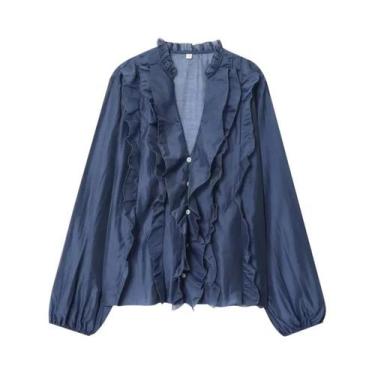 Imagem de Camisa Feminina De Manga Longa Com Decote Em V Marrom Escuro Outono 20