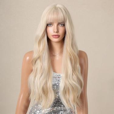 Imagem de Peruca Natural Long Curly para Mulheres com Franja Cabelo Sintético Resistência ao Calor Sexy Ondulada Rede Elástica Cosplay Festa Uso Diário